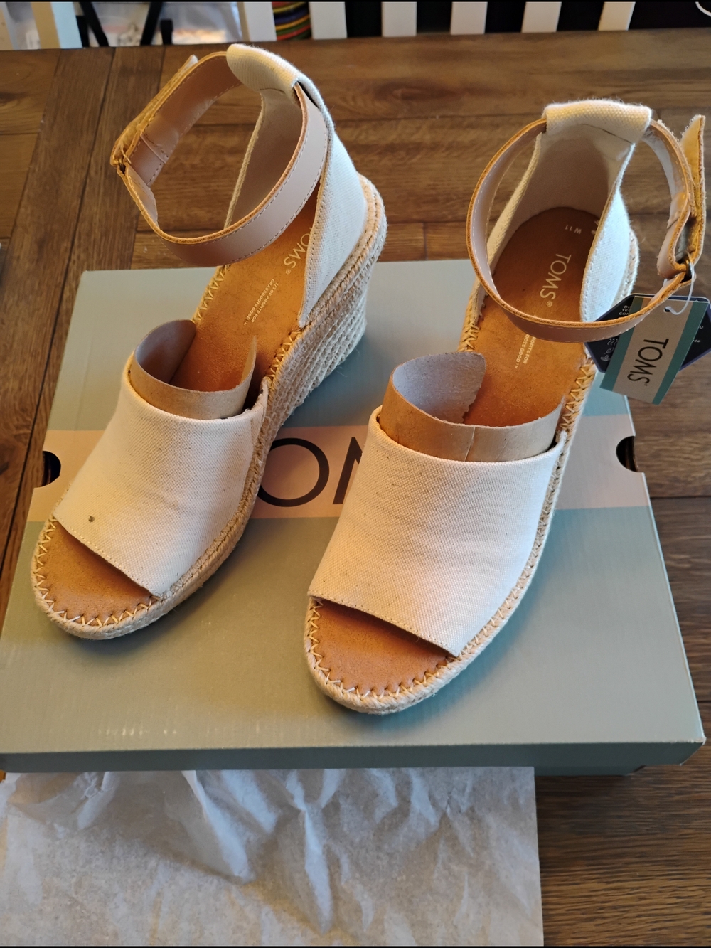 Toms Cream Canvas Espadrille Wedge Sandals with Tan Ankle Strap